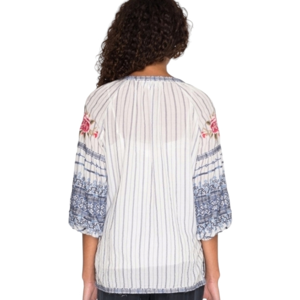 JOHNNY WAS Workshop Shea Peasant Blouse S Santori Stripe Embroidered Boho Anthro - Picture 4 of 16